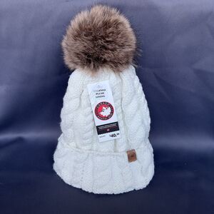 Canada Weather Gear Thermal Plush Lined Cable Knit Beanie Hat W/Faux Fur Pom Pom